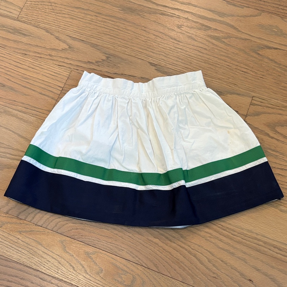 Janie & Jack white lined skirt w green & navy grosgrain ribbon stripes, size 5